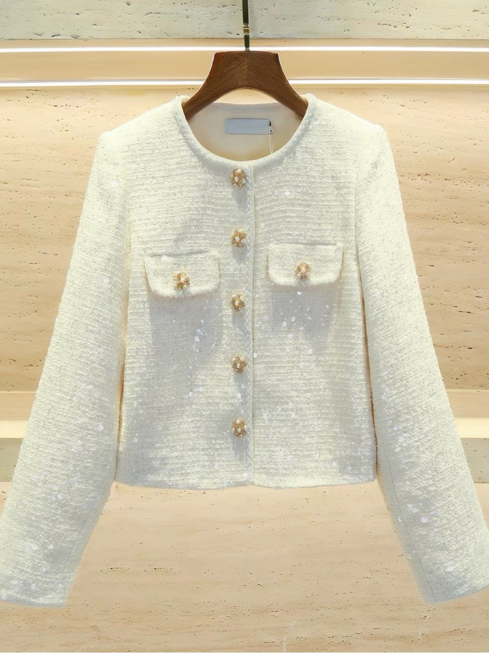 Self-portrait Elegant Ivory Tweed Jacket with Pearl Buttons